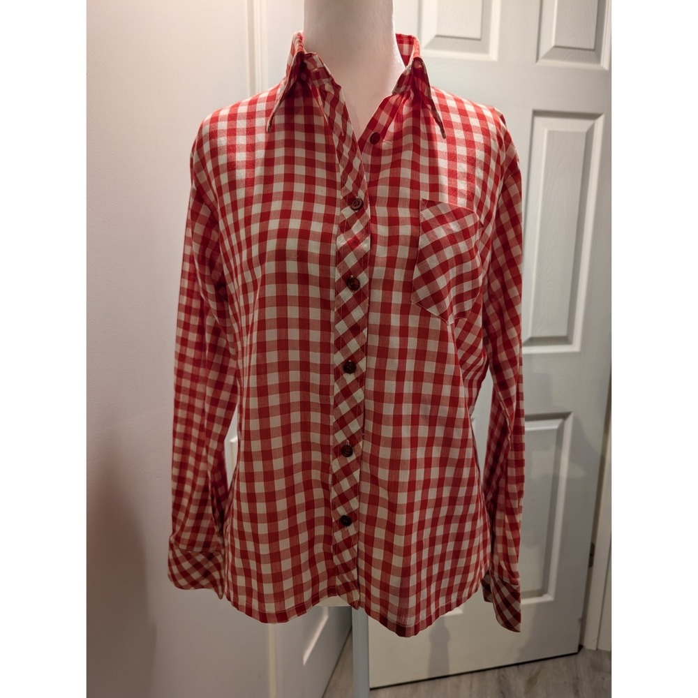 Vintage 1960s 70s Checkered Red White Shirt Gingham Country Size S ?